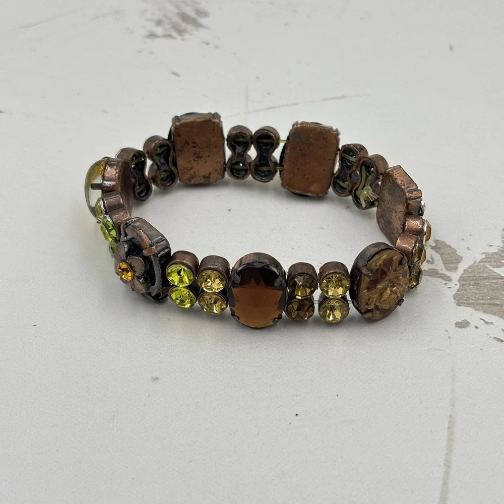 Bracelet Multicolor Glass Rhinestone Beaded Stretch Copper Tone Womens Jewelry - Picture 3 of 4